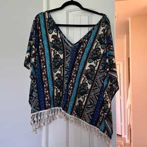 Wide neck boho fringe top